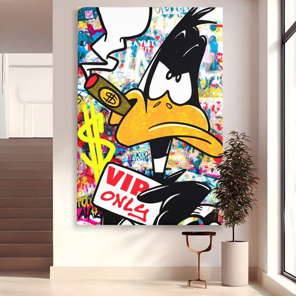 Tablou canvas cu tablou canvas cu daffy duck si dolari, fara rama, pe sasiu de lemn